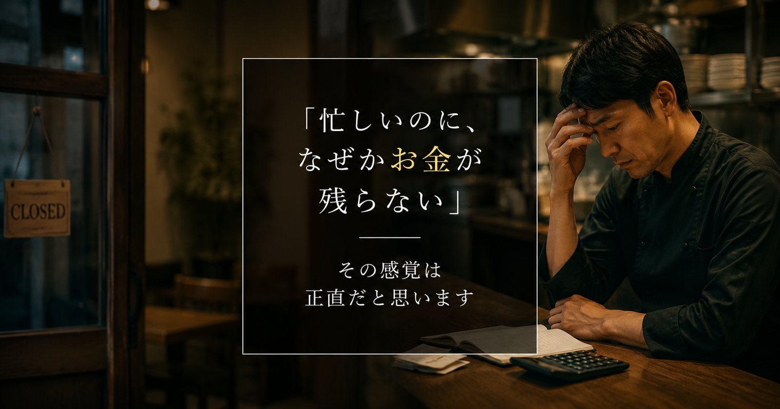 閉店後の店内で帳簿を前に頭を抱える飲食店経営者