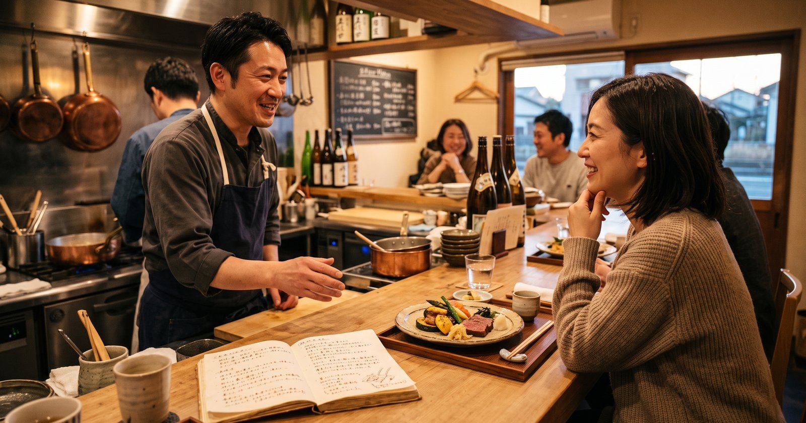 カウンター越しに料理の話をする店主と客